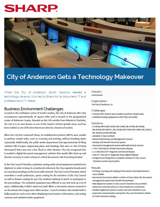 City Of Anderson Case Study Cover, Sharp, A2Z Business Systems, San Fransisco, CA, Sharp, Dahle, Dealer, Reseller