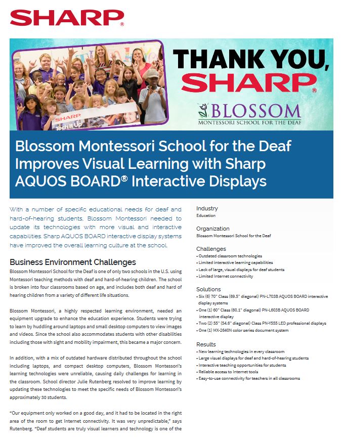 Blossom Montessori School For The Deaf Aquos Board Pdf Cover, Aquos board, Sharp, A2Z Business Systems, San Fransisco, CA, Sharp, Dahle, Dealer, Reseller