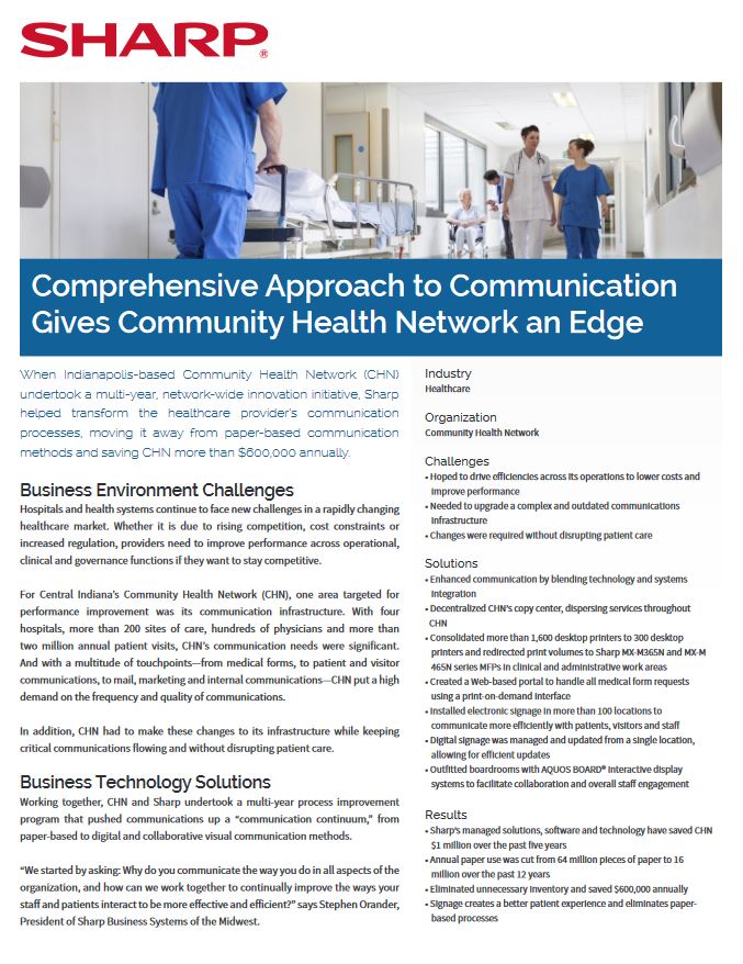 Community Health Network Case Study Pdf Cover, Sharp, A2Z Business Systems, San Fransisco, CA, Sharp, Dahle, Dealer, Reseller