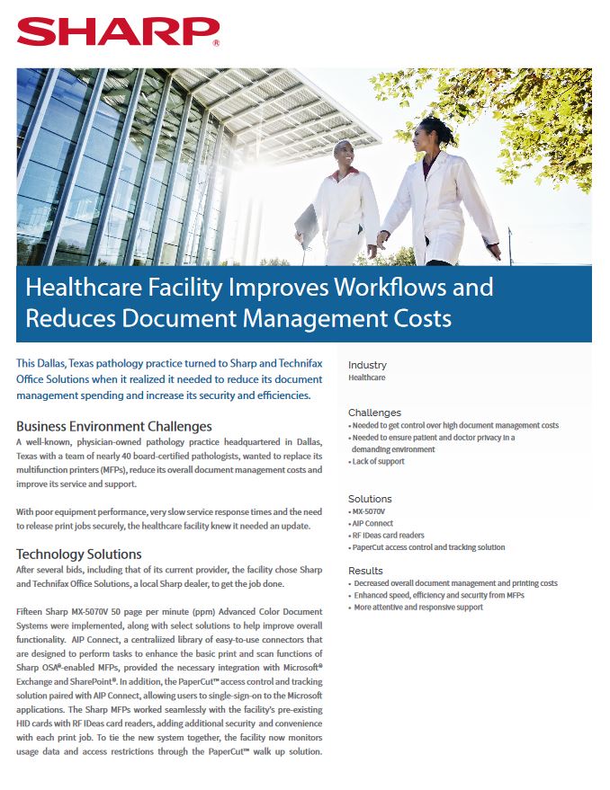 Healthcare Facility Case Study Pdf Cover, Sharp, A2Z Business Systems, San Fransisco, CA, Sharp, Dahle, Dealer, Reseller