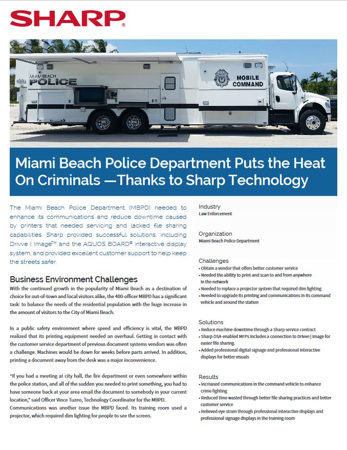 Miami Police Case Study Cover, Sharp, A2Z Business Systems, San Fransisco, CA, Sharp, Dahle, Dealer, Reseller