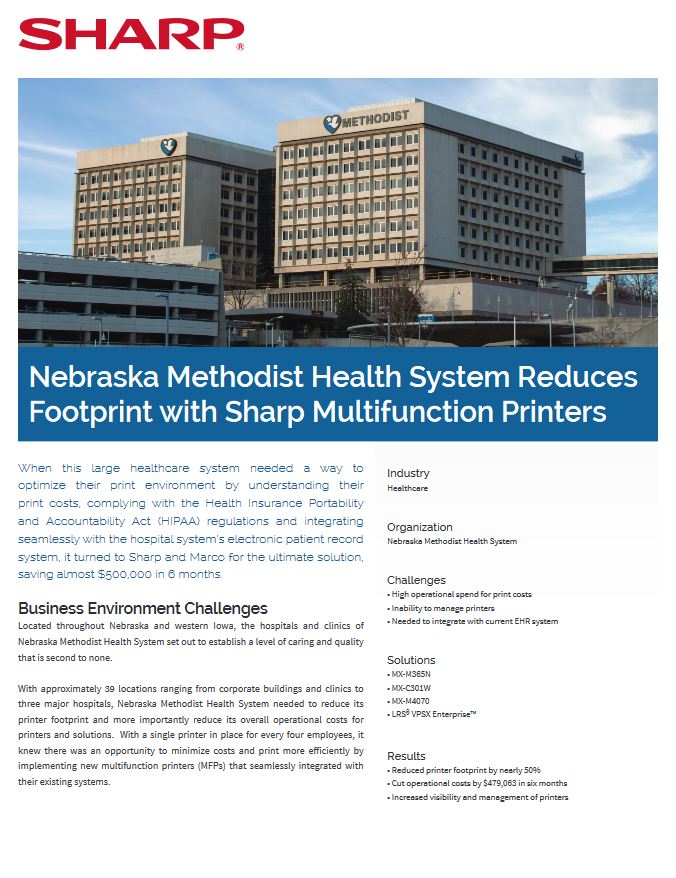 Nebraska Methodist Health Case Study Cover, Sharp, A2Z Business Systems, San Fransisco, CA, Sharp, Dahle, Dealer, Reseller