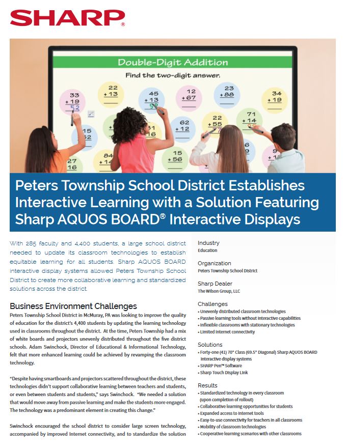 Peters Township School District Aquos Board Case Study, Sharp, A2Z Business Systems, San Fransisco, CA, Sharp, Dahle, Dealer, Reseller
