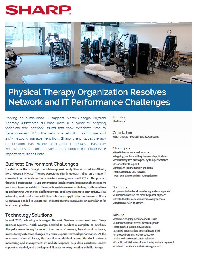 Physical Therapy Organization Case Study Pdf Cover, Sharp, A2Z Business Systems, San Fransisco, CA, Sharp, Dahle, Dealer, Reseller
