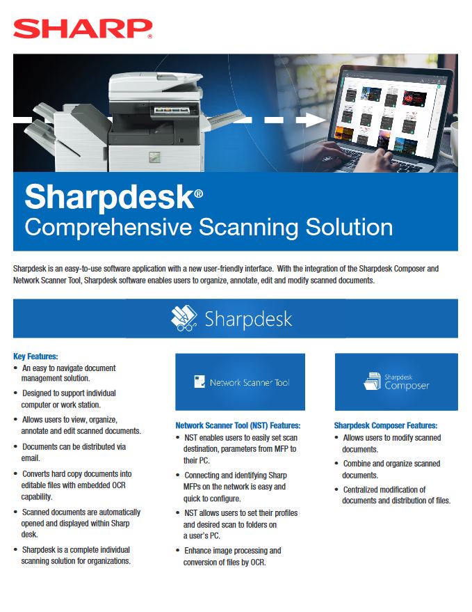 Sharpdesk Data Sheet, Sharp, A2Z Business Systems, San Fransisco, CA, Sharp, Dahle, Dealer, Reseller