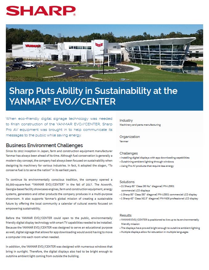Sustainability Yanmar Evo Center, Sharp, A2Z Business Systems, San Fransisco, CA, Sharp, Dahle, Dealer, Reseller